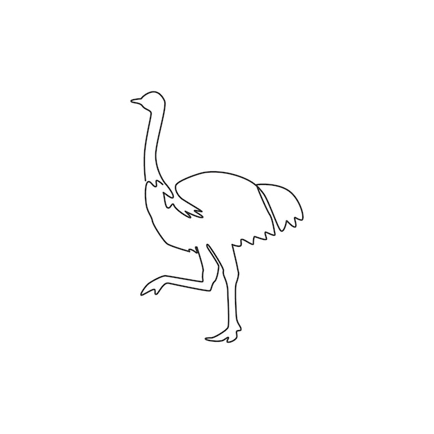 Eén enkele lijn tekening van een gigantische lopende struisvogel Vliegloze vogel mascotte ontwerp vector illustratie