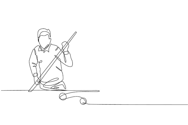 Eén enkele lijn tekening van een jonge knappe man die biljart speelt in de biljartkamer vectorontwerp
