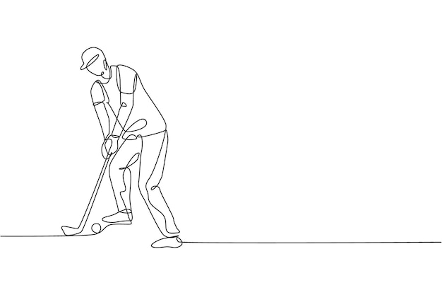 Eén enkele lijn tekening van een jonge sportieve golfspeler die de bal raakt met behulp van een golfclub vector illustratie