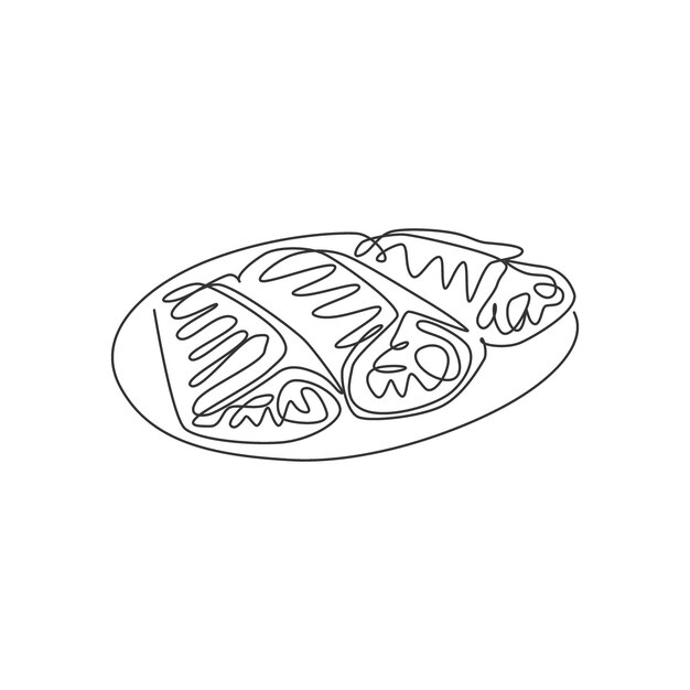 Eén enkele lijn tekening van verse knapperige pannenkoeken op bord logo vector illustratie Zoete snacks