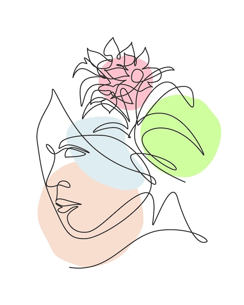 Eén enkele lijntekening abstract gezicht met natuurlijke bloemen vector schoonheid vrouw portret minimalistisch