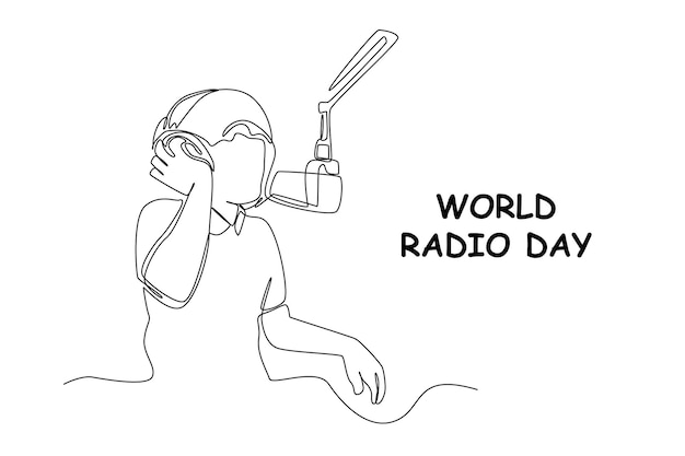 Een enkele lijntekening gelukkige jonge jongen zendt een radio uit wereldradiodag concept doorlopende lijntekening ontwerp grafische vectorillustratie