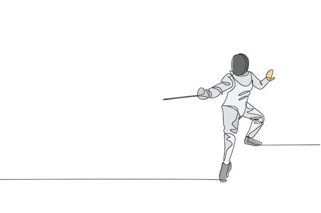 Eén enkele lijntekening jongeman schermer atleet in een schermkostuum die vectorillustratie uitoefent