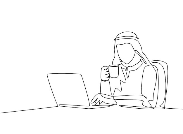 Eén enkele lijntekening moslimmanager die jaarverslag leest op laptop terwijl hij koffie drinkt vector