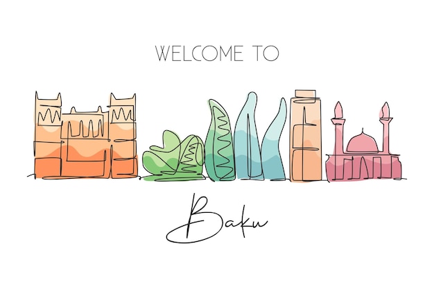 Eén enkele lijntekening van de skyline van Bakoe, Azerbeidzjan Historische stad in wereldontwerpvector