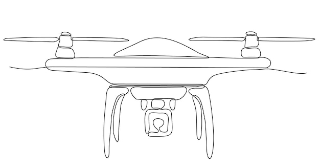 Een enkele lijntekening van drone vliegen, vector grafische illustratie van onbemande drone