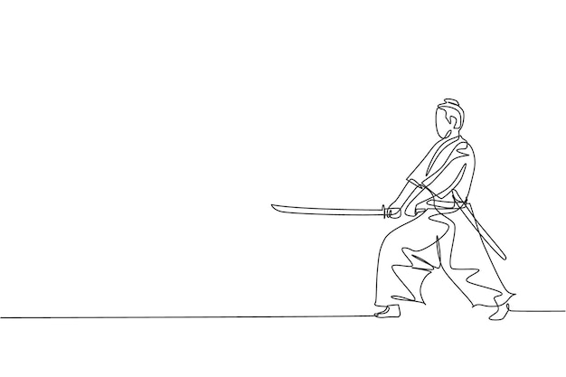 Vector eén enkele lijntekening van een japanse samurai-krijger die een katana-zwaard vasthoudt in het dojo-centrum