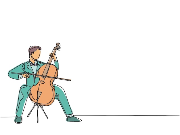 Vector eén enkele lijntekening van een jonge mannelijke cellist die cello speelt tijdens een klassiek orkestconcert