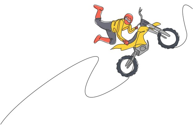 Vector eén enkele lijntekening van een jonge motorcrosser doet een gevaarlijke freestyle-truc op baanvector