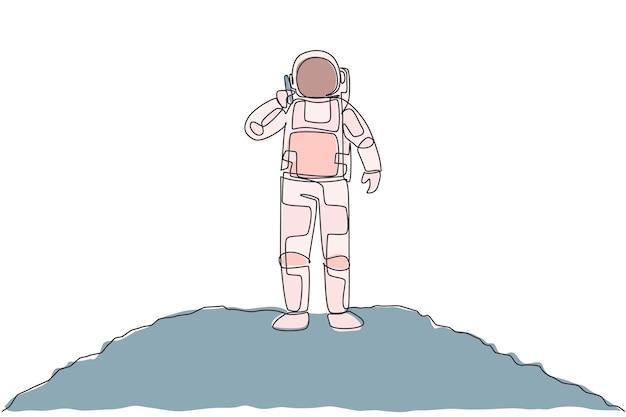 Vector eén enkele lijntekening van een kosmonaut die zijn partner belt met behulp van een smartphone in maanoppervlakvectorkunst