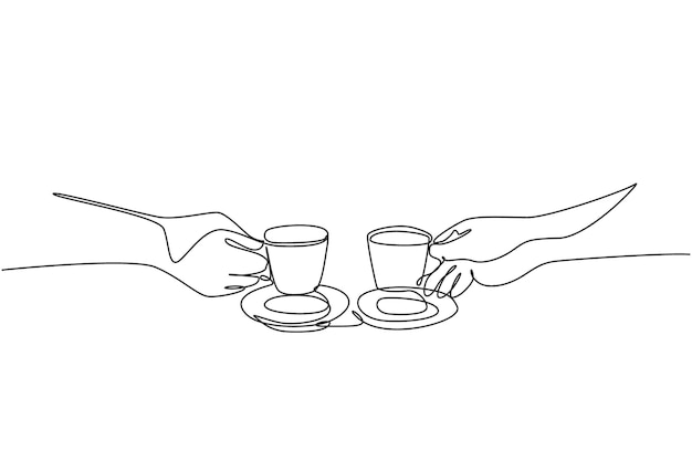 Eén enkele lijntekening van een mannelijk en vrouwelijk koppel dat samen van koffie geniet in de koffieshopvector