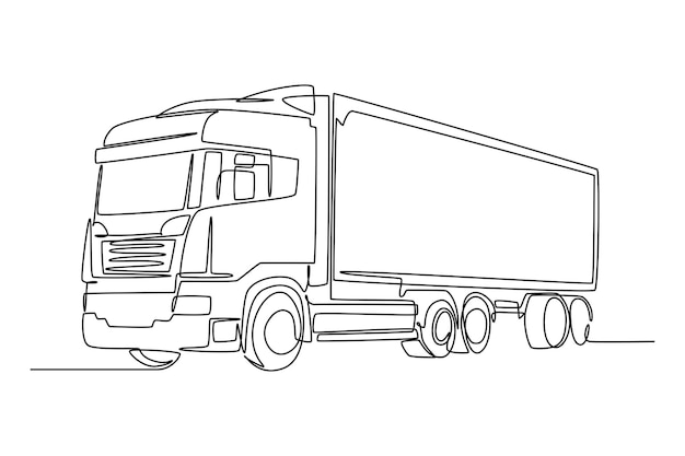 Een enkele lijntekening van een vrachtwagen die goederen vervoert die in de haven aankomt Vervoer door de oceaan Aflevering en verpakking Continuous line draw design grafische vectorillustratie