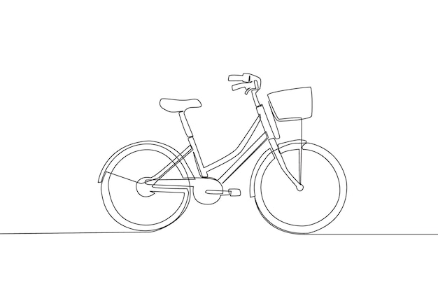 Een enkele lijntekening van het meisjesachtige klassieke roadster-fietslogo Fiets met mand aan de voorkant concept