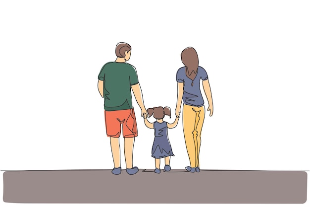 Een enkele ononderbroken lijntekening van een gelukkige jonge vader en moeder leidt hun dochter samen terwijl ze loopt