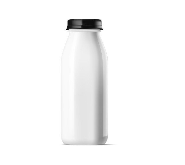 Vector een enkele witte glanzende plastic fles met zwarte dop, ideaal voor melk of yoghurt geïsoleerd op een witte blank