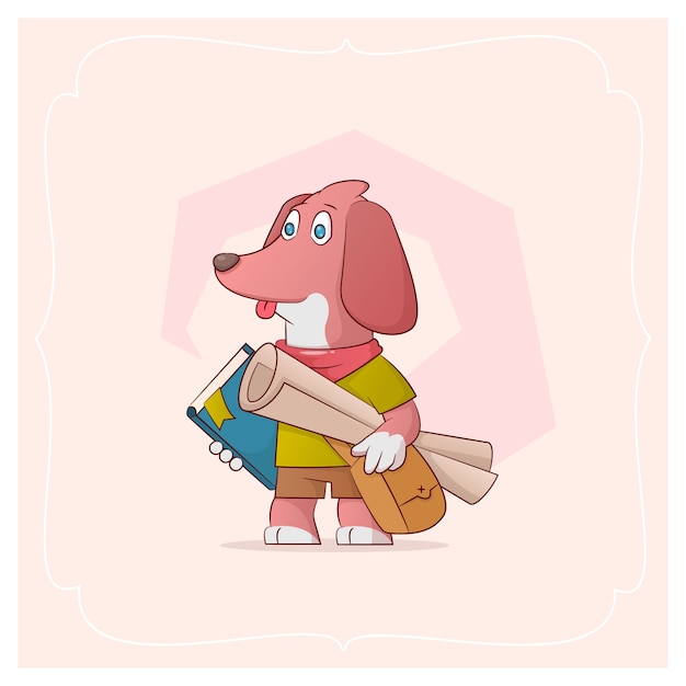 Een erudite doggie met tekeningen en boeken in de hand. vector illustratie uit een serie grappige huisdieren