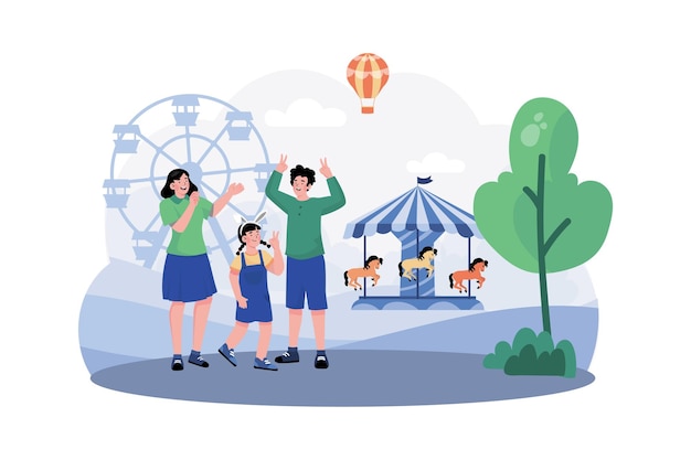 Vector een familie bezoekt een nabijgelegen pretpark voor een leuke ochtend vol attracties en attracties