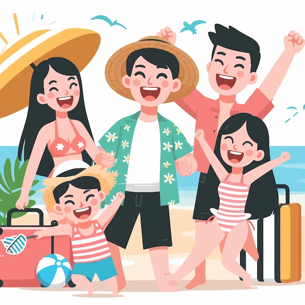 een familie die poseert voor een foto op een strand met een strand scène
