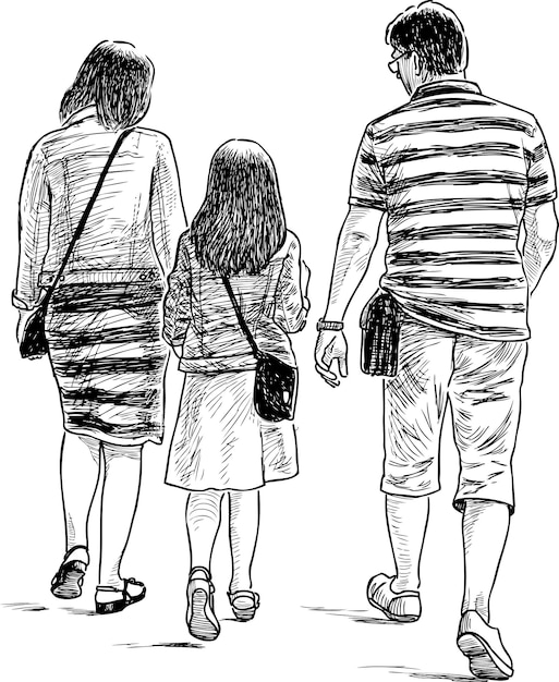 Een familie van burger die op een wandeling gaat