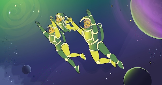 Een familie van superman-astronauten vliegt in de ruimte, hand in hand vectorillustratie in cartoonstijl