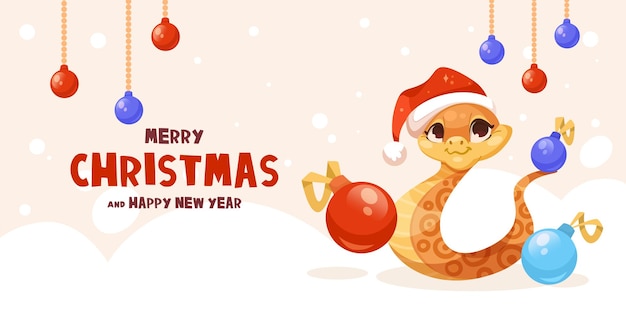 Vector een feestelijke vectorillustratie met een cartoon slang die een kerstmanhoed draagt omringd door kerstballen op een lichte achtergrond die feestelijke vreugde overbrengt vectorillustratie