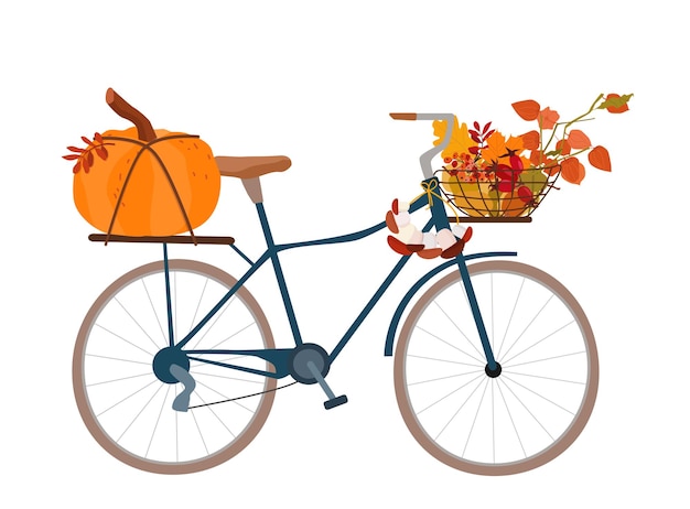 Vector een fiets met een herfstoogstmand, een pompoen, bloemen, bladeren.