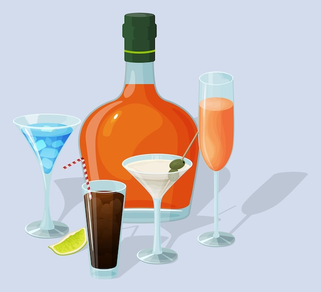 Een fles alcohol en verschillende cocktails op een lichtblauwe achtergrond Alcoholische dranken