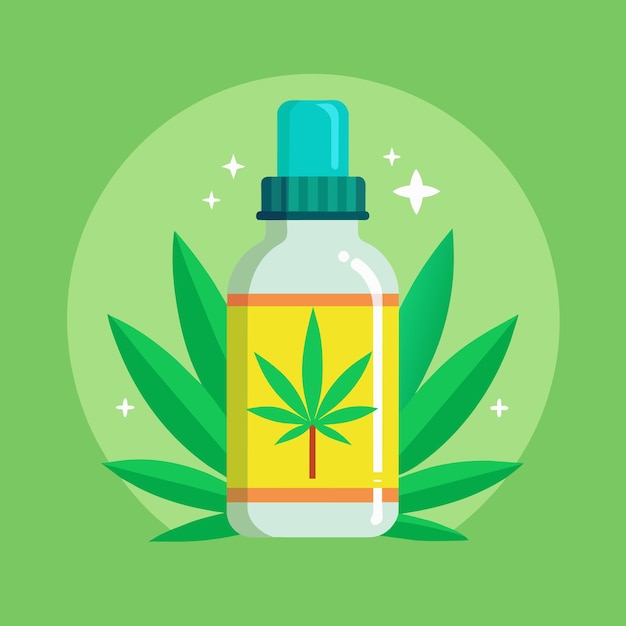 Vector een fles marihuana met een groene achtergrond met een plant in het midden