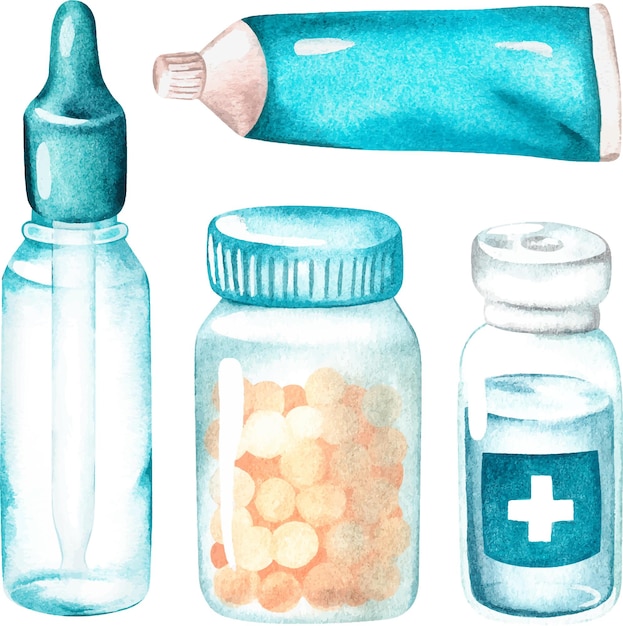 Vector een flesje met een pipet een potje vitamines zalf vloeistof voor injectie aquarel illustratie