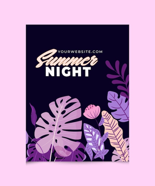 Een flyer voor de zomernacht met tropische planten op een roze achtergrond.