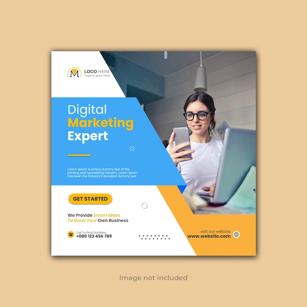 Vector een flyer voor digitale marketingexpert die blauw, geel en oranje is.