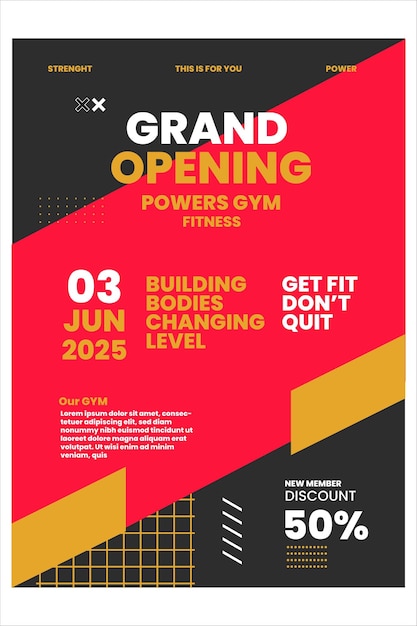 Een flyer voor een sportschool waarop grootse opening staat.