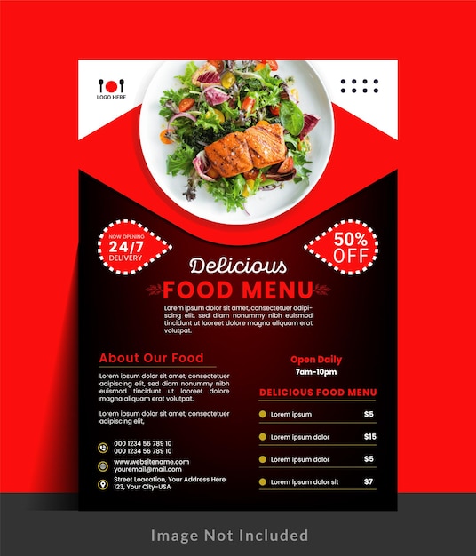 Een flyer voor een voedselmenu met een heerlijk voedselmenu