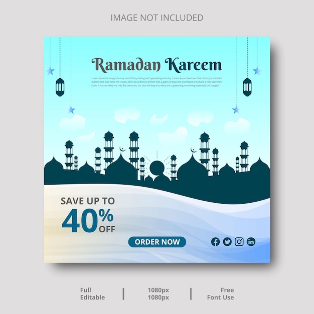 Een flyer voor ramadan kareem met een afbeelding van een moskee en de tekst "besparen tot 40% korting".