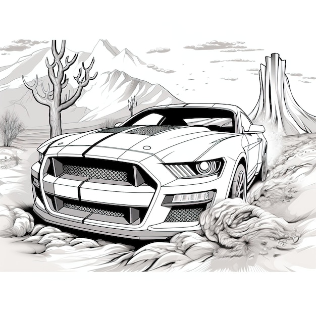 een Ford Mustang Shelby GT500 achtervolgen in een woestijn Best Hand Draw Colorful Book EPS