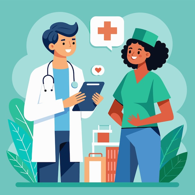 een foto van een dokter en een vrouw met een stethoscoop op hun borst
