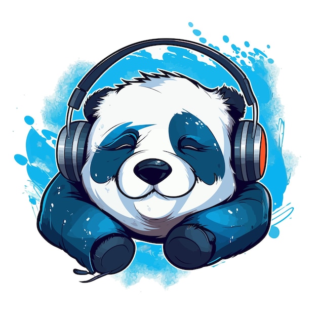 Vector een foto van een panda met een koptelefoon op en een blauwe achtergrond met een slapende panda.