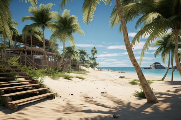 een foto van een strand met palmbomen en een strandscène