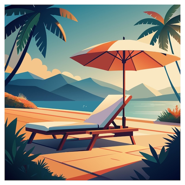 een foto van een strand scène met een palmboom en een strand stoel