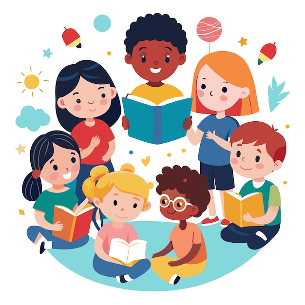 een foto van kinderen die boeken lezen met een cartoon personage dat een boek leest