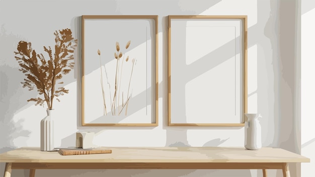 een fotoframe met een plant erin en een foto op de muur