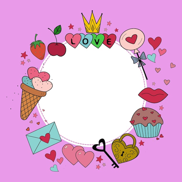Een fotolijst met handgetekende schattige elementen Harten cupcakes lolly's snoepjes bessen