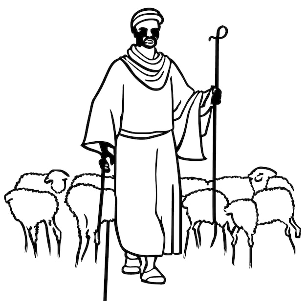 een fulani-man die een stok op zijn schouders houdt en schapen vectorillustratie lijntekeningen hoedt