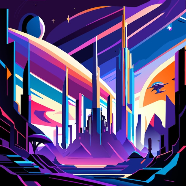 Vector een futuristische art deco stad op een fantasie planeet met twee kleine manen in de nachtelijke hemel kleurrijke nevel