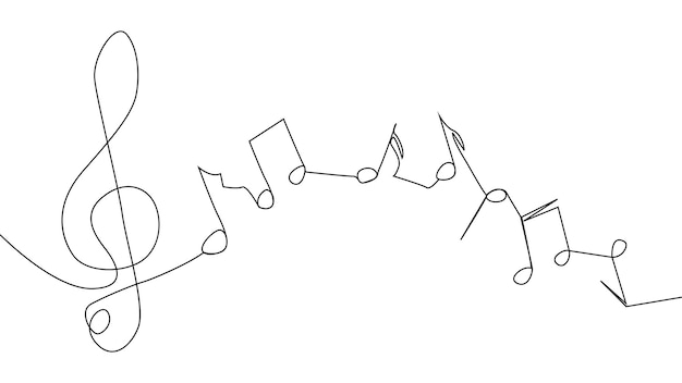 Vector een g-sleutel en noten worden getekend door een enkele zwarte lijn op een witte achtergrond doorlopende lijntekening illustratie