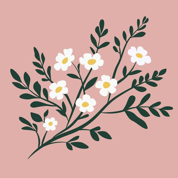 Een gedetailleerd vectorontwerp van een tak versierd met bloemen en bladeren