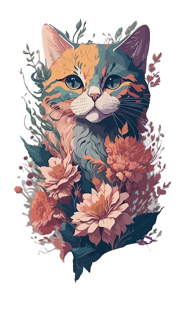 Vector een gedetailleerde illustratie een afdruk van vintage kattenhoofd bloemen splash tshirt ontwerp gecreëerd met ai