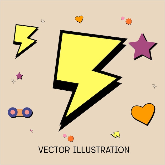 Een geel en zwart cartoonpictogram met een bliksemschicht en een ster.
