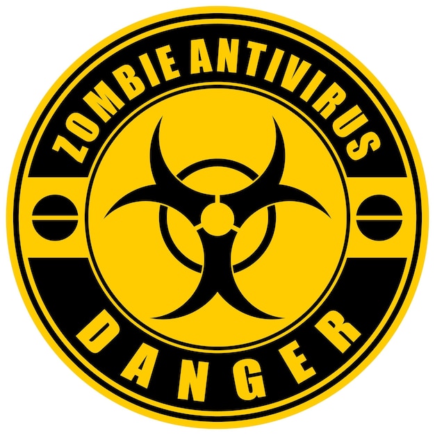 Een geel en zwart zombie antivirus gevarenlogo.