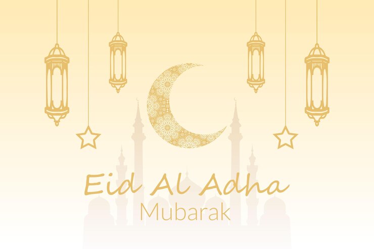 Een geel ontwerp als achtergrond met Eid AlAdha Mubarak en een halve maan